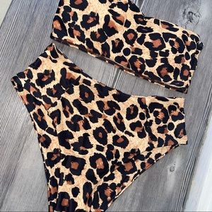 Leopard Cheetah Print High Waisted Bandeau Bikini Set